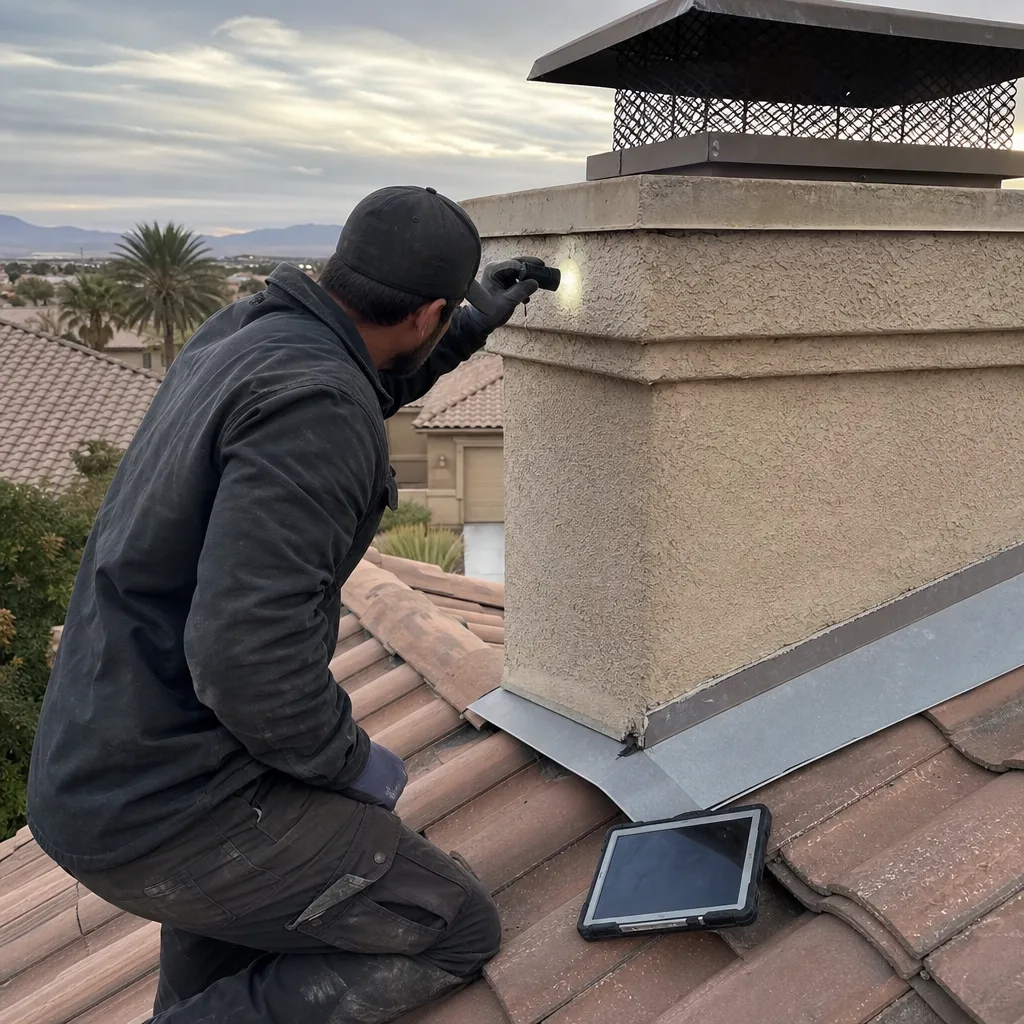 Chimney technician performing a professional roof inspection with tools