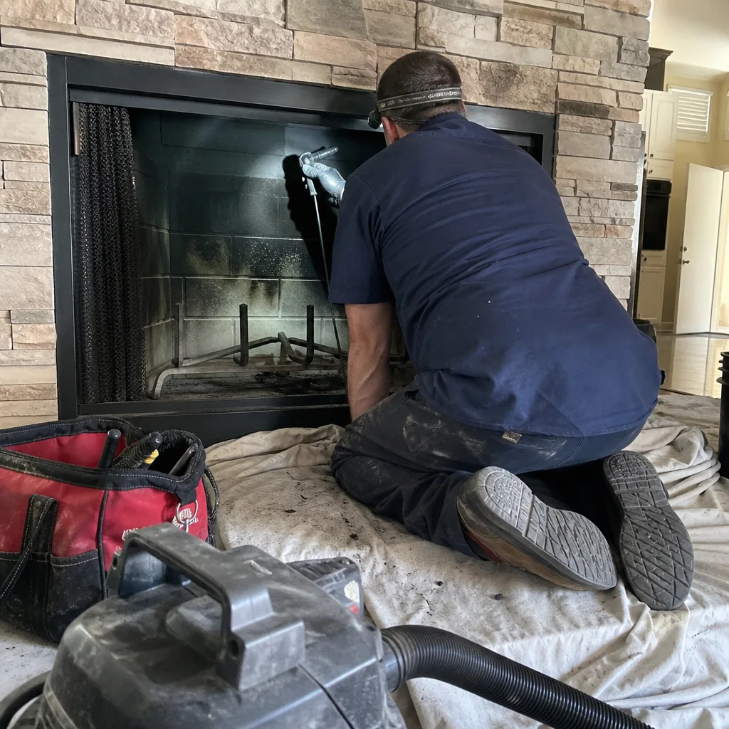 Professional chimney sweep performing a fireplace inspection with specialized equipment.