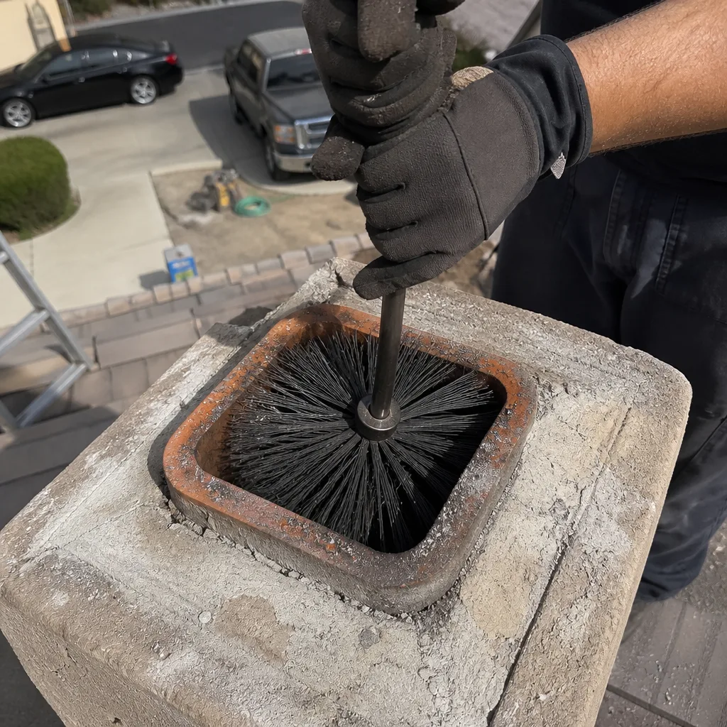 Professional chimney sweep cleaning a chimney stack with a wire brush.