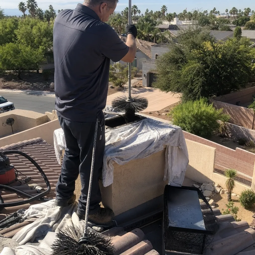 Professional chimney technician cleaning a fireplace flue on a residential roof.