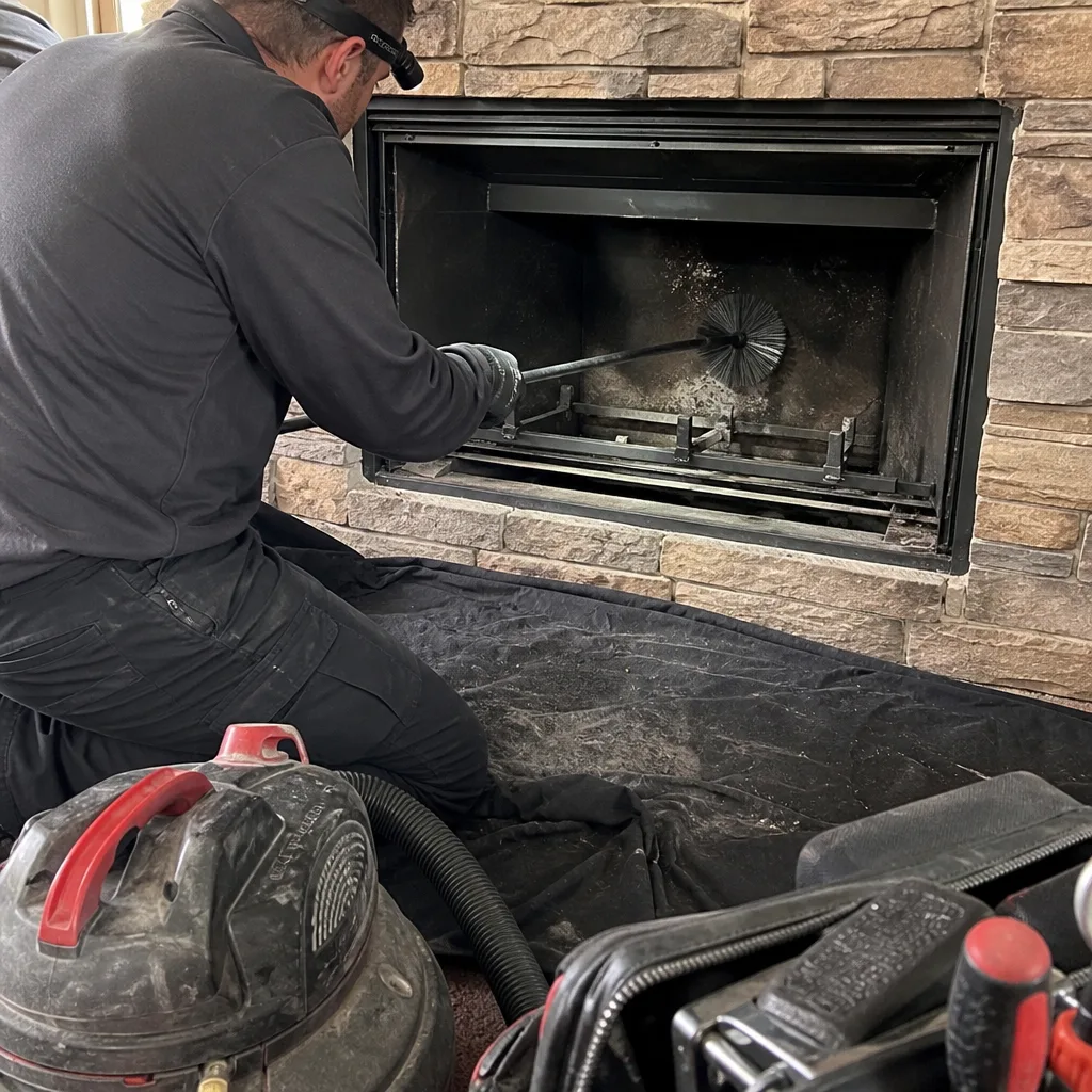 Professional chimney sweep performing gas fireplace cleaning and maintenance