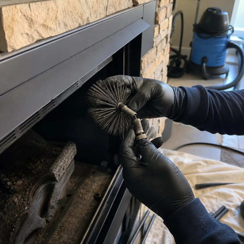 Technician using a wire cleaning brush for gas fireplace maintenance